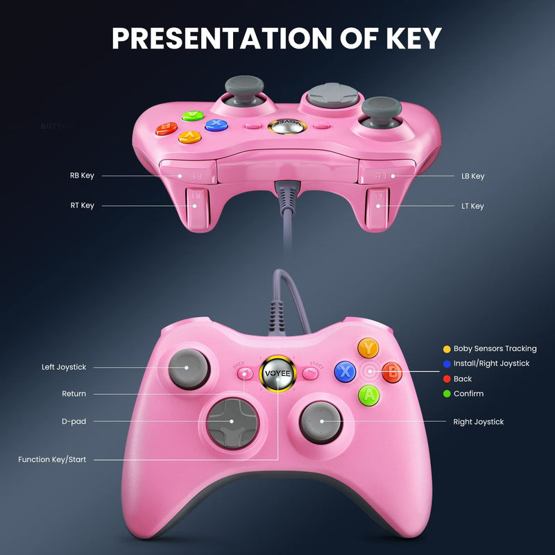 [Australia - AusPower] - VOYEE PC Controller, Wired Controller Compatible with Microsoft Xbox 360 & Slim/PC Windows 10/8/7, with Upgraded Joystick, Double Shock | Enhanced (Pink) Pink 