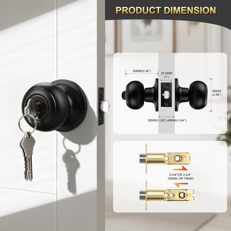 2 Pack Keyed Entry Door Knob, Entrance Door Lock, Keyed Different, Flat Ball, Matte Black Interior and Exterior Entry Door Knobs 2