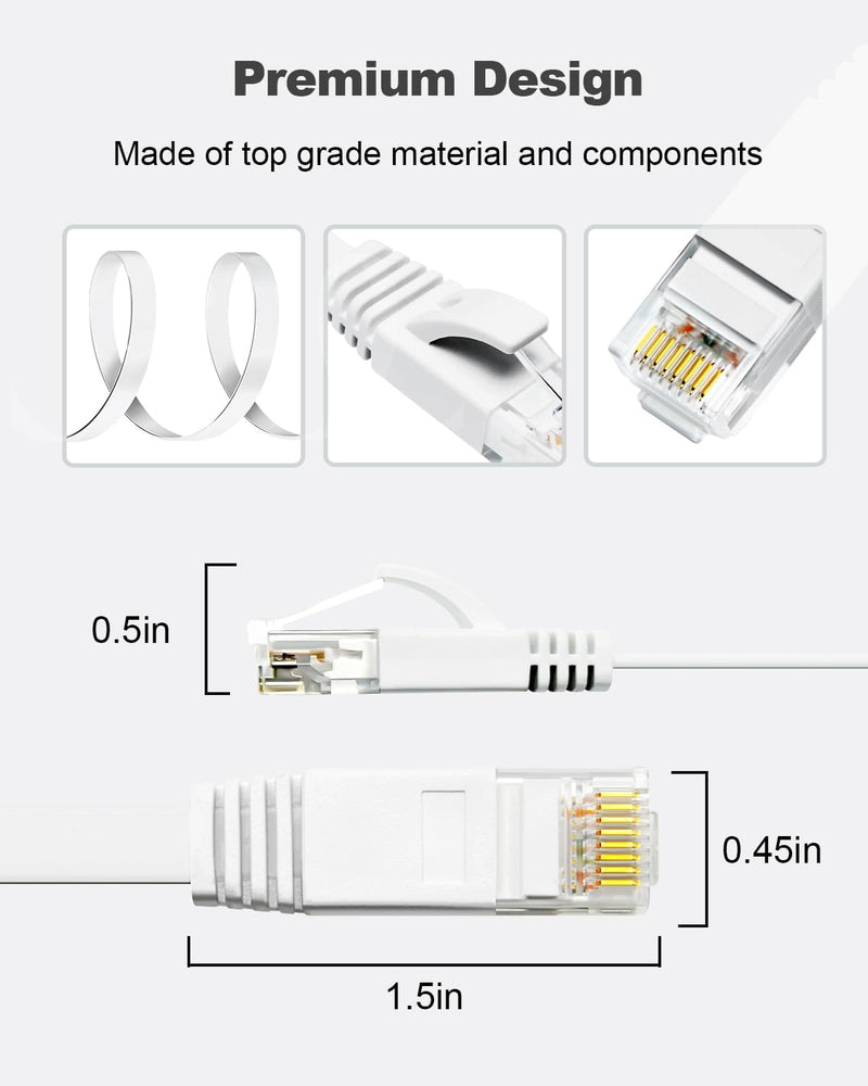 Yauhody CAT 6 Ethernet Cable 15ft 6-Pack White, High Speed Solid Flat CAT6 Gigabit Internet Network LAN Patch Cords, Bare Copper Snagless RJ45 Connector for Modem, Router, Computer(15ft,6P,White) 6 Pack