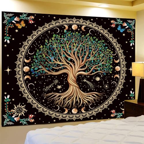 Moon Phase Tree of Life Tapestry Nature Flower Plant Butterfly Tapestries Boho Mandala Spiritual Tapestry Aesthetic Wall Hanging for Home Decor Bedroom Living Room Dorm Decor (70.87" x 90.55", Blue) 90.6"L x 70.9"W