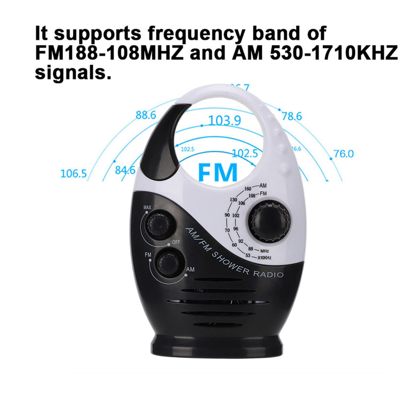 [Australia - AusPower] - Waterproof Shower Radio, AM/FM Radio with Adjustable Volume Speakers, Battery Powered Portable Speakers with Hook Handle for Shower Rooms Bedside Tables Garages Black 