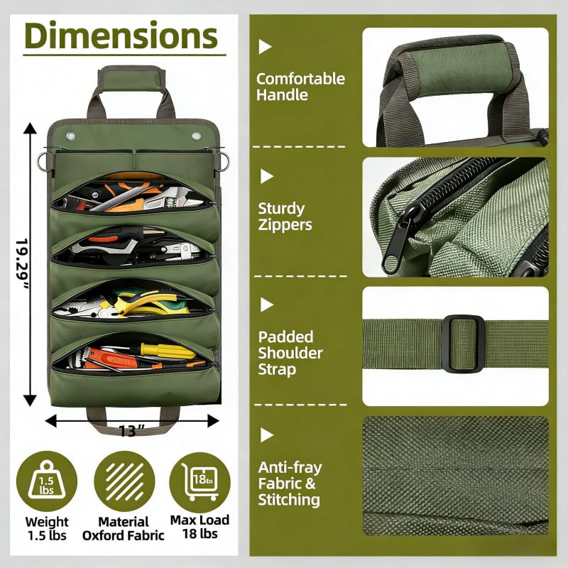 Sellign Tool Bag Roll Up，Heavy Duty Portable soft Tool Storage Organizer, Foldable Rollup with Small Pockets, Official Rollable Toolbag, Father Day Gifts for Him Dad Men Mechanic Welding(Green） Green