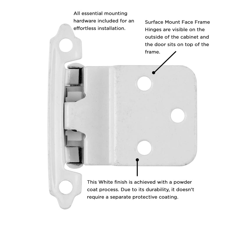Hickory Hardware P143-W - Variable Overlay 3/8 Inch Inset Self-Closing Collection Cabinet Hinge 170° Opening - Surface Face Frame Mounting - Easy Installation White Finish - 1 Set of Pair (Pack of 5) Variable overlay, 3/8 Inch Inset (Pack of 5)