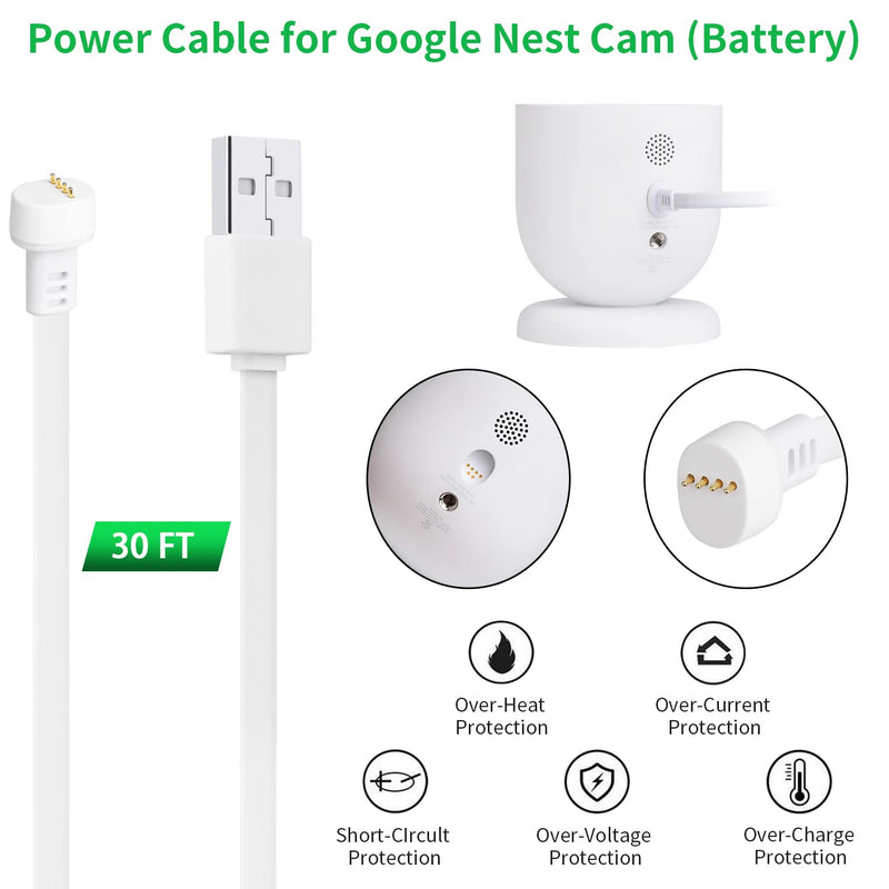 [Australia - AusPower] - Power Cable Compatible with Google Nest Cam Outdoor or Indoor, Battery, 30Ft/9.1m Weatherproof Outdoor Cable Continuously Charging Your Nest Camera (White) White 