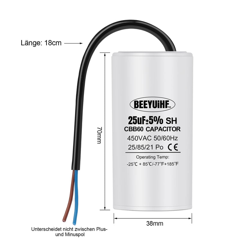 CBB60 450V 25uf Motor Capacitor, 50/60Hz Capacitors, Starting Capacitor with Cable, 25µF 450V Motor Capacitors for Electric Motor - 38 x 70 mm 25μF / 25uF