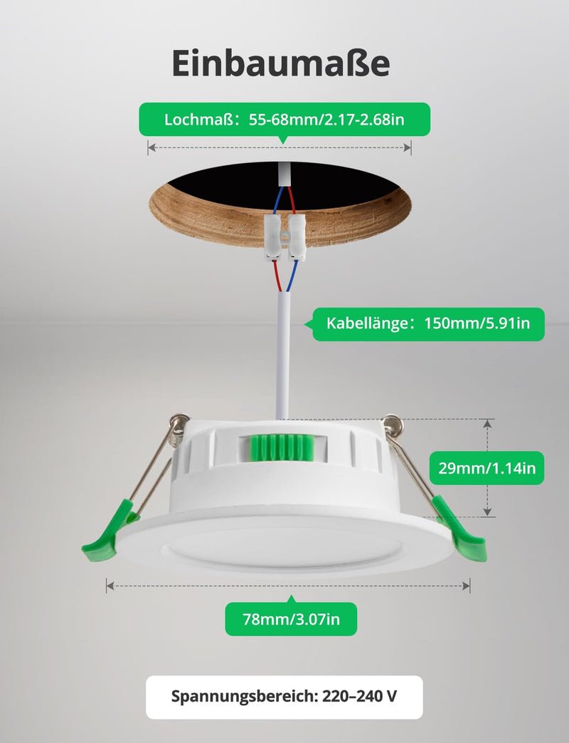 BOJIM LED Spotlights Ceiling Light 230 V IP44 Recessed Spotlight 55 mm - 68 mm Hole Size | Warm White 2700K Neutral White 4000K Cool White 6000K Ceiling Spotlights 4W 380LM Recessed Lights Flat Recessed Spotlight for Not Dimmable. Set of 6
