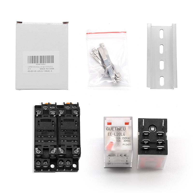 [Australia - AusPower] - 2 Pcs Electromagnetic Power Relays, Red Indicator Light, 8-Pin DPDT 10 A 110 VAC Relay with Plug-in Terminal Socket, DIN Rail Mounted, CQC, CE (EE-L2CLG) 8-Pin 110 VAC 