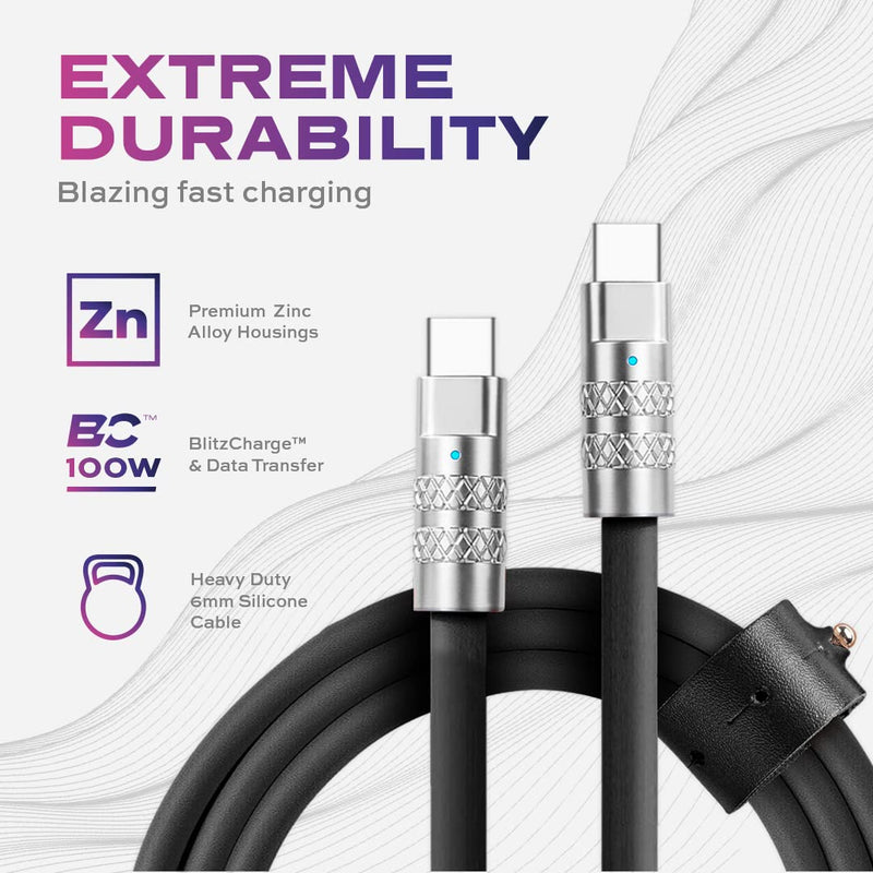 Statik TsumoCharge USB C to USB C 100W Fast Charging Cable - Heavy-Duty Unbreakable Silicone, Supports Data Transfer, 6FT/2M, Black 3-Pack 3 Pack USB-C to USB-C