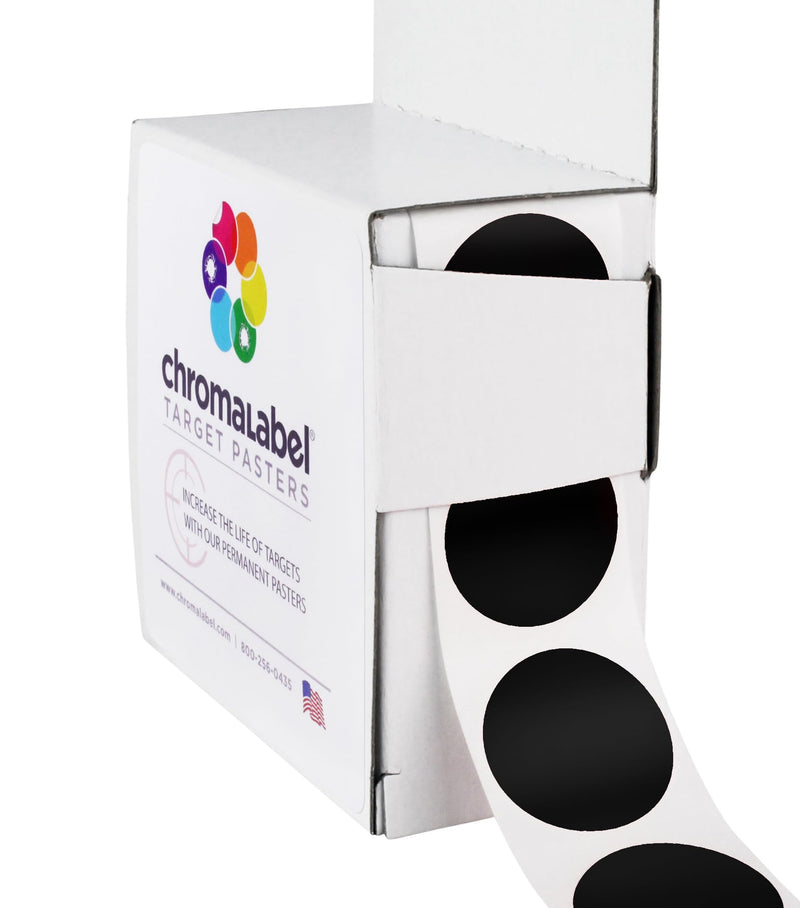 ChromaLabel 1 Inch Permanent Round Target Pasters for Shooting and Marksmanship, 1000 Labels per Dispenser Box Black 1" Diameter