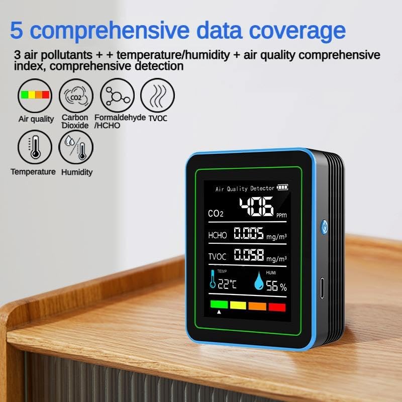 [Australia - AusPower] - 5-in-1 air Quality Monitor, Professional air Quality Detector with CO2 Monitor/Formaldehyde/TVOC/Temperature/Humidity, Suitable for Home, Hotel, Office, car 
