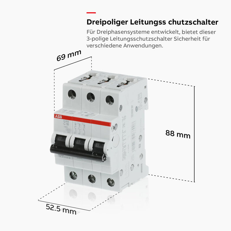 ABB S203-C16 Circuit Breaker 3-Pin 16A Type C | Characteristics C - 6 kA switching capacity - DIN rail mounting - Reliable industrial quality - 2CDS253001R0164 C16