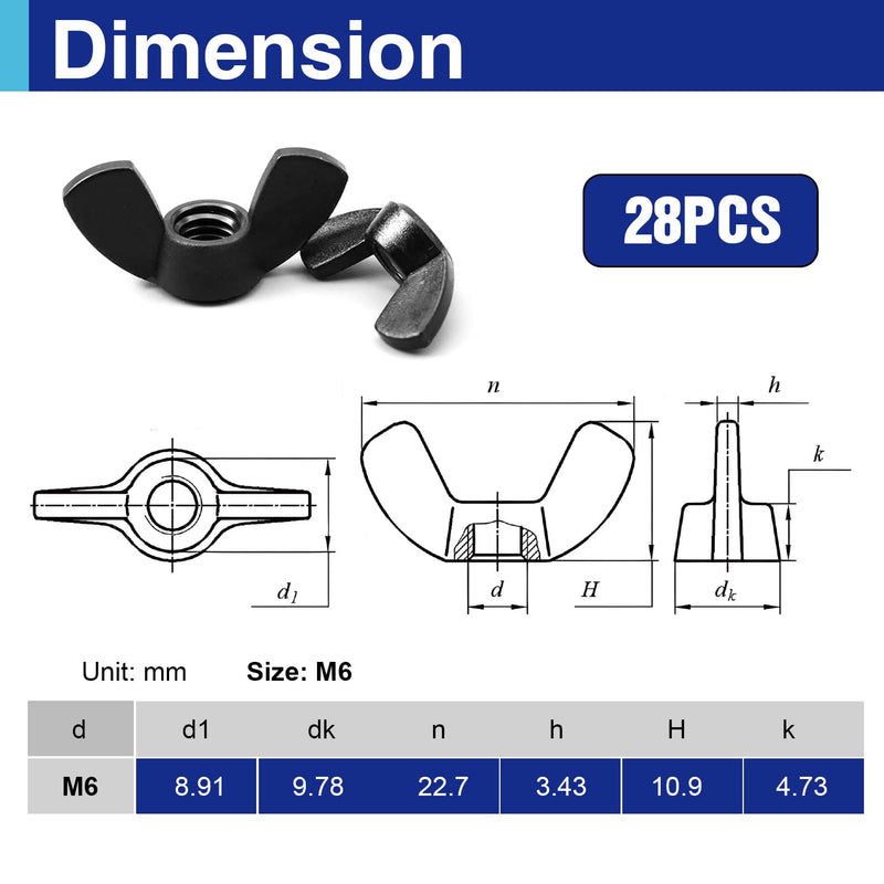 [Australia - AusPower] - 28PCS M6 Metric Wing Nuts kit, Zinc Plating-Black Wing Nuts Butterfly Fasteners, Hand Twist Tighten Ear Butterfly Nut Kitfor Easy Assembly and Secure Fit Furniture 28Pcs M6 