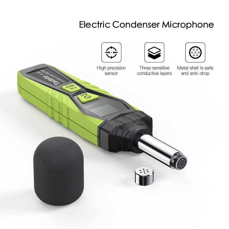 Decibel Meter, Tadeto Digital Portable Sound Level Meter 30 dB to 130 dB with LCD Display A/C Weighted for DIY Shops Green