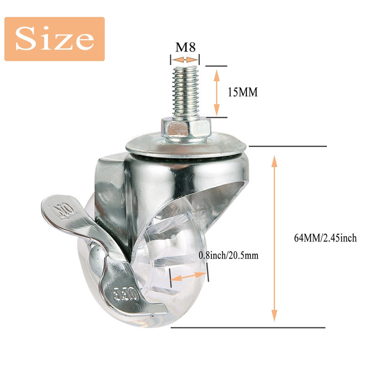 [Australia - AusPower] - Stem Wheels M8X15mm with Side Brake, 2 Inch Swivel Casters Wheels, Threaded Stem Castors Wheel, 360 Degree Rotated Crystal Clear Wheel,Soft Polyurethane Furniture Wheels for Carts and DIY Projects M8*15, Side Brake 