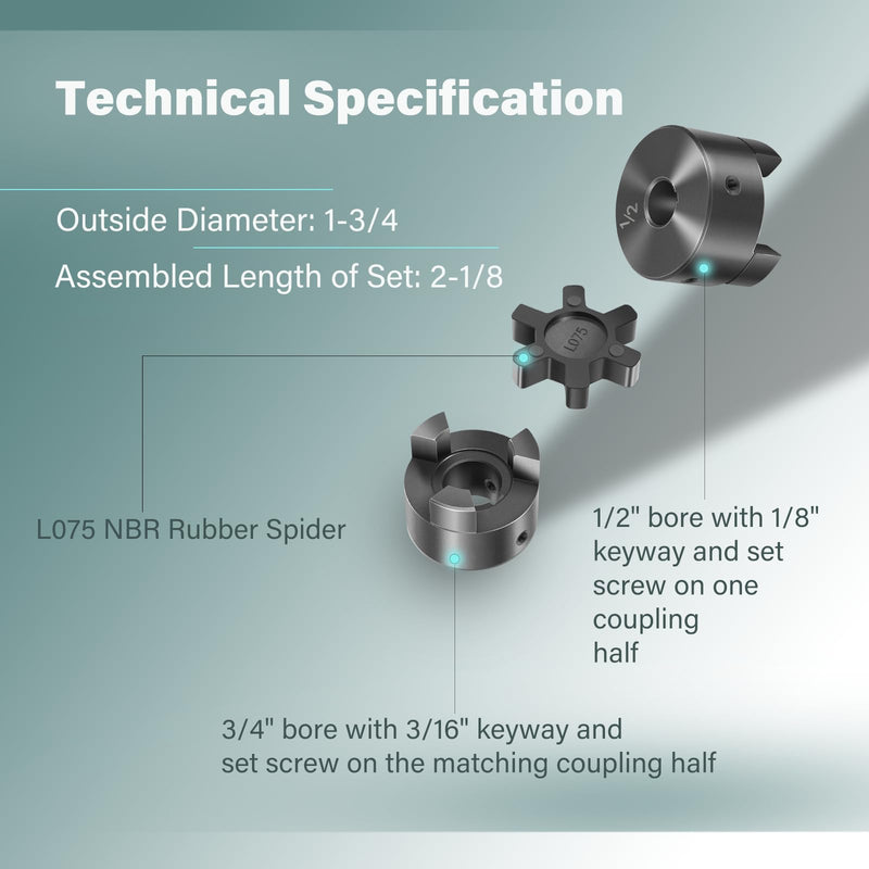 [Australia - AusPower] - 1/2" to 3/4" L075 Flexible 3-Piece L-Jaw Coupling Set & Buna-N NBR Rubber Spider Replacement Part for Lexar Industrial Interchangeable With Lovejoy, Martin, Browning, TB Woods 
