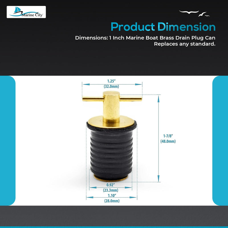 MARINE CITY Brass Drain Plug with Neoprene Seal – Rust-Proof, Corrosion-Resistant, Ideal for Boats, Yachts, Kayaks 1” Drain Plug