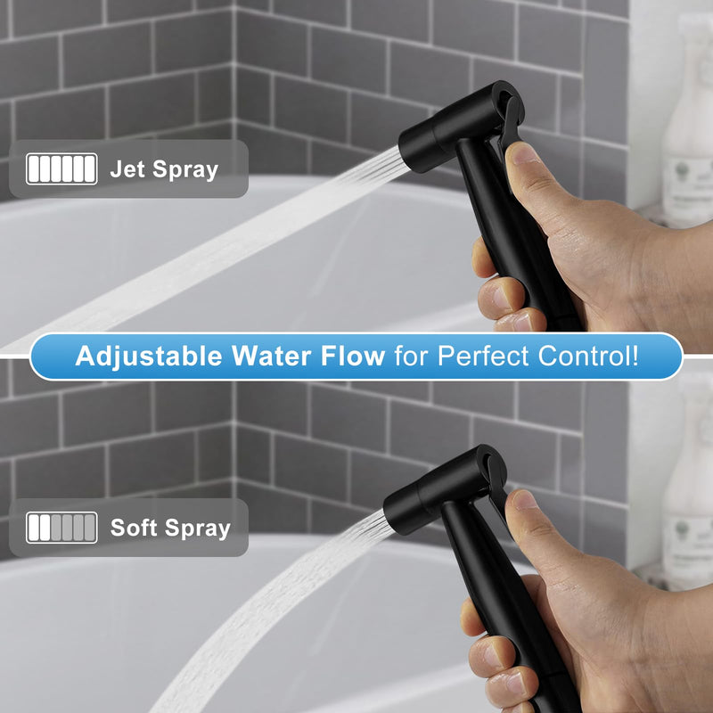Handheld Toilet Bidet Sprayer 2 Pack, Water Pressure Adjustable Sprayer with Hose and 7/8 "T-Valve, Jet Spray and Soft Spray, for Toilet, Bidet, Shower etc., Stainless Steel, Black Black-2 Pack