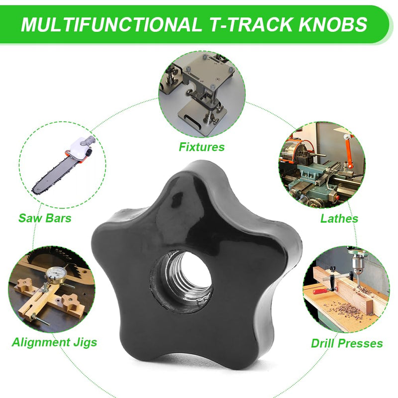 [Australia - AusPower] - 4PCS T-Track Knobs, 3/8 Inch 16 Through-Hole knobs, Five-Star Thru Threaded Knob Nuts, Star Shape Knurled Clamping Nuts for Sawing Machine, Drilling Machine, Plastic Screw-On Type(Black) 
