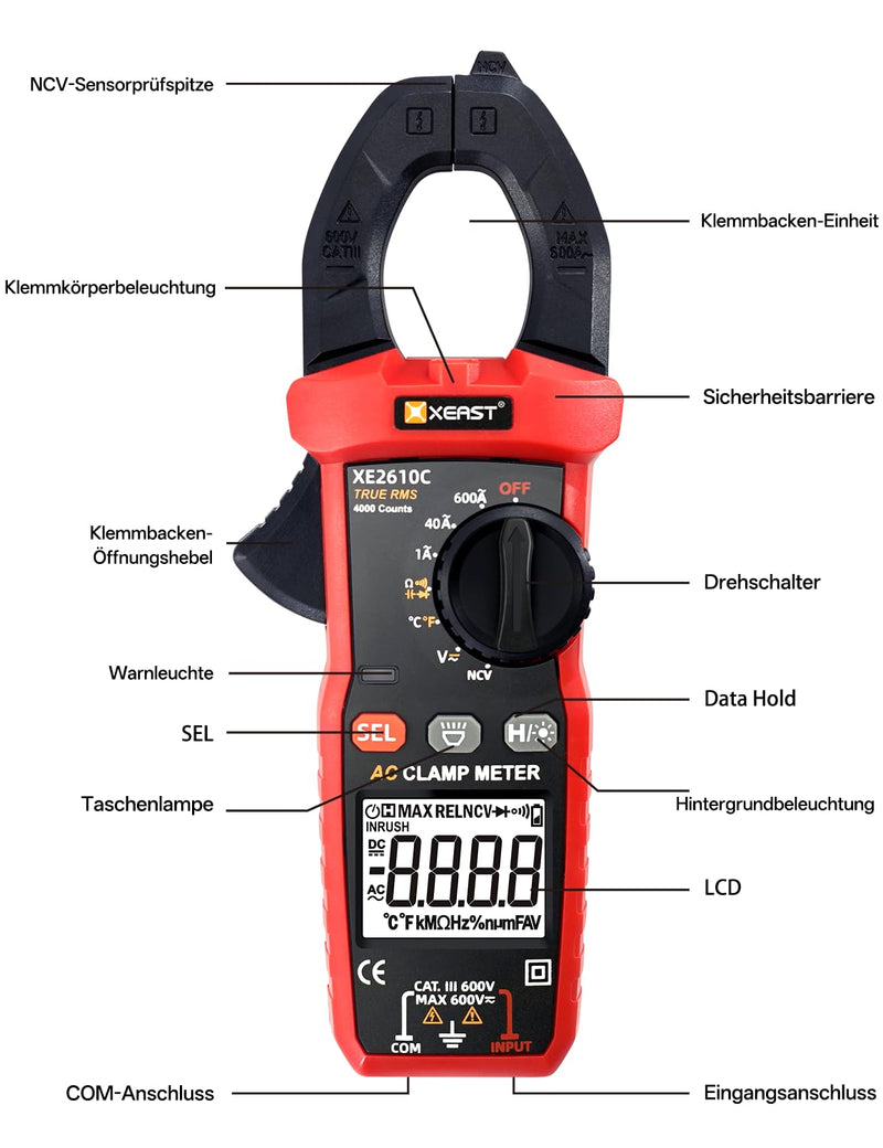 Current Clamp Multimeter, True-RMS 4000 Count Auto Range Clamp Meter, Clamp Meter for Measuring AC/DC Voltage, AC Current, Temperature, Resistance, Capacitance, Continuity, Diode NCV XE2610C