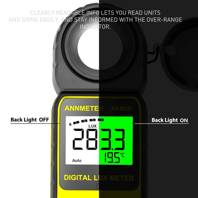 Digital Lux/Foot Candle Light Meter, AIOMEST Illuminance Lumen Tester 0.01~400,000 Lux, Handheld Luxometro AI-881D for LED Plant Grow Lighting, Luxmeter w/Data Logging & Rotatable Detector AI-881D (0.1~400,000Lux)