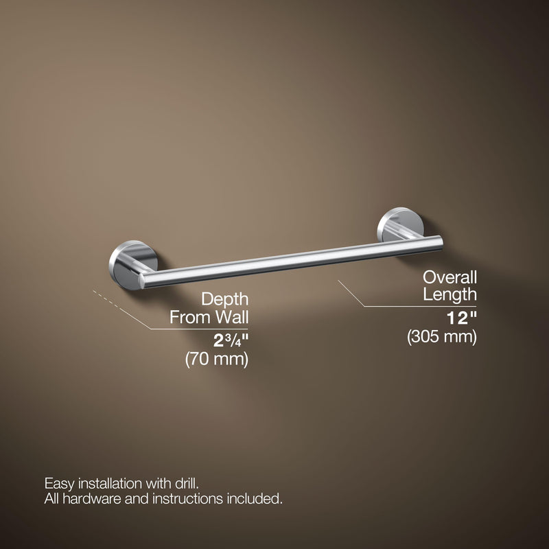 KOHLER K-27288-CP Elate® 12" Towel Bar, Minimalist Design, Premium Durable Metal, Corrosion Resistant, Polished Chrome