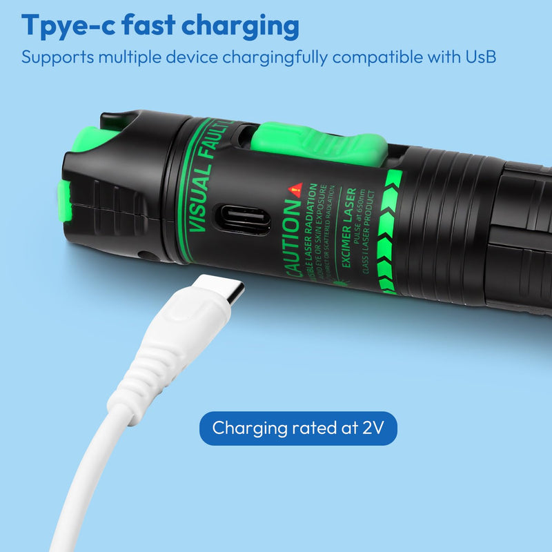 [Australia - AusPower] - Fiber Tester 30Km Visual Fault Locator FC/SC/ST Universal Interface with USB Type-C Cable & FC-LC Adapter (Green/510nm Wavelength) 