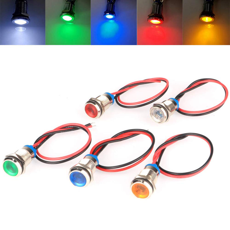 Gebildet Pack of 5 10 mm AC/DC 12-24 V LED Metal Indicator Light Waterproof Signal Lamp with Wire Multi-colored Ac/DC 12-24 V