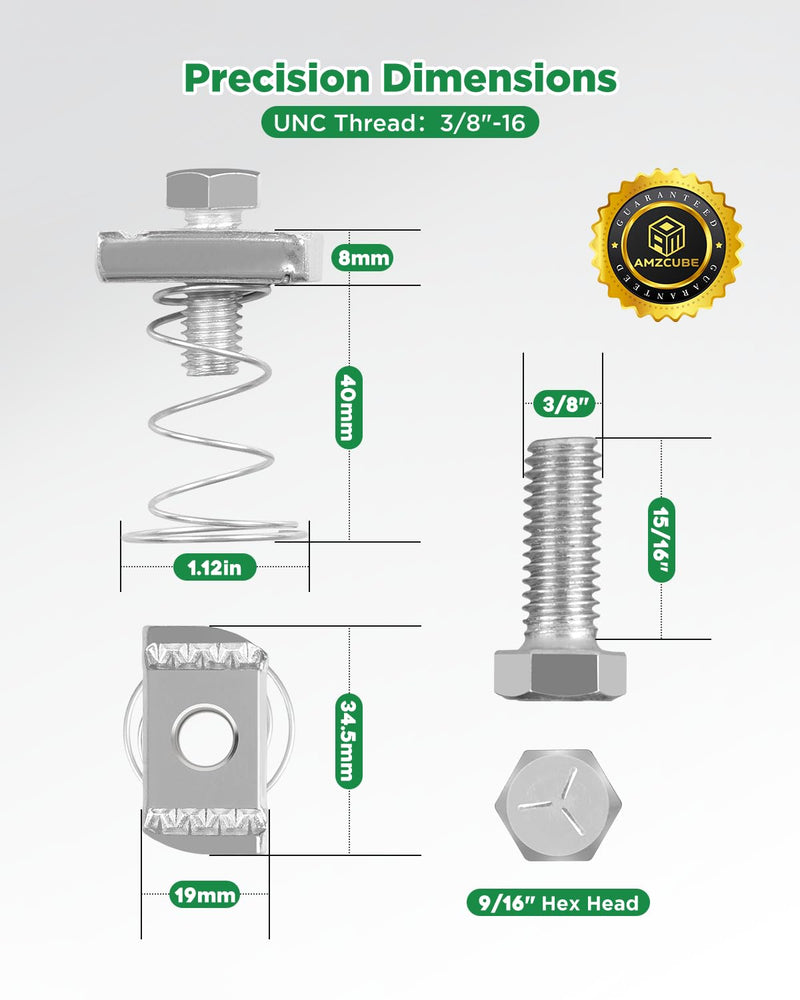 [Australia - AusPower] - 3/8"-16 Flared Spring Channel Nut and Bolt, 8 mm Thickened Strut Channel Cone Nut, Compatible with Strut Channel Support Systems, Solar Panel Mounting (40) 40 