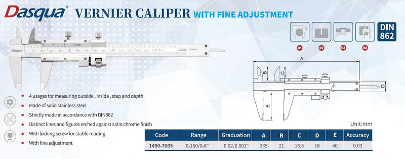 [Australia - AusPower] - Dasqua 1490-7005 0-150Mm / 0-6" Stainless Steel Vernier Caliper with Fine Adjust 