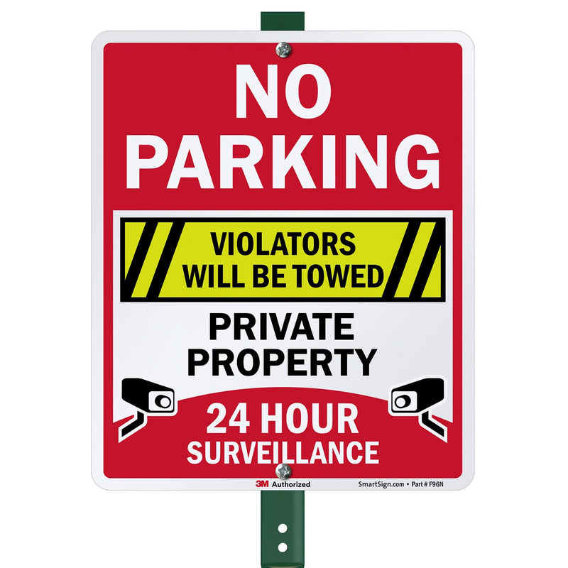 SmartSign 12" x 10" 'No Parking Violators Towed Private Property 24 Hour Surveillance' Yard Sign with 3 ft Stake, 40 mil Aluminum, 3M Laminated Engineer Grade Reflective, Set of 1 10" x 12" Reflective Aluminum Sign with 3' Stake