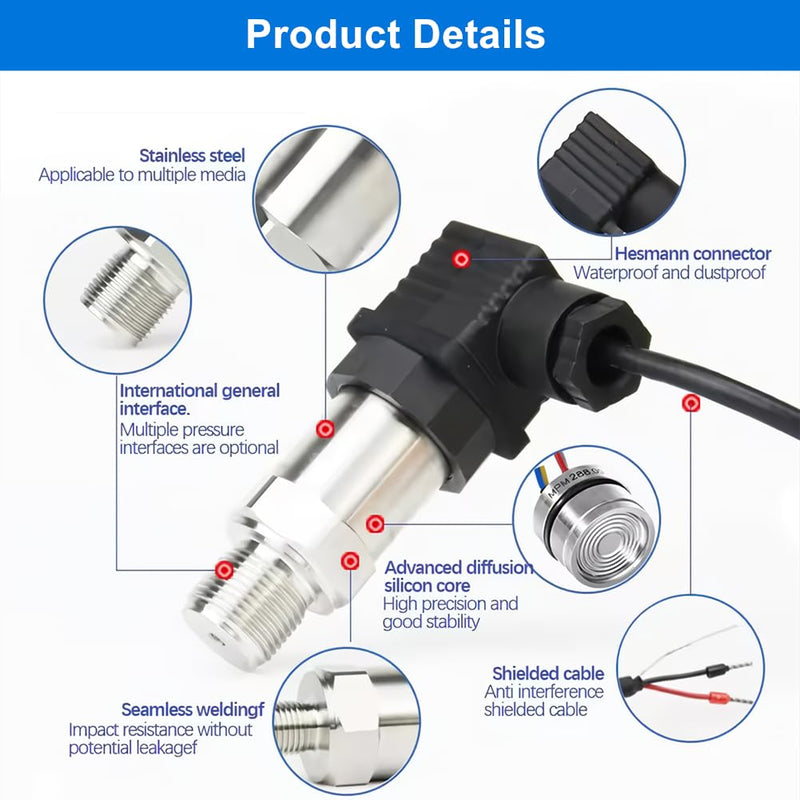 [Australia - AusPower] - Stainless Steel Pressure Transducer, Pressure Sensor Silicon Pressure Transmitter Sensor Water Flow Sensor 4-20mA Output G1/4 Inch for Water Gas Oil (0-0.5 MPA) 0--1MPA 