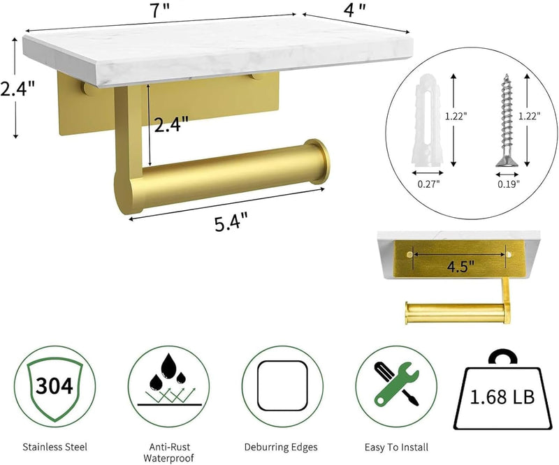 Brushed Gold Toilet Paper Holder with Marble Shelf, DAYELIVE 304 Stainless Steel Wall Mounted Toilet Paper Holder, Tissue Holder Toilet Paper Roll Holder for Bathroom Washroom