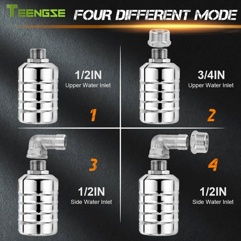 [Australia - AusPower] - 2Pcs Automatic Water Level Control Float Valve 304 Stainless Steel, 2Pcs 1/2" & 3/4" Straight/Elbow Fittings with 2 Feed Strip for Water Tanks, Pools, Livestock Troughs (0.2-10Pa, Food Grade) 