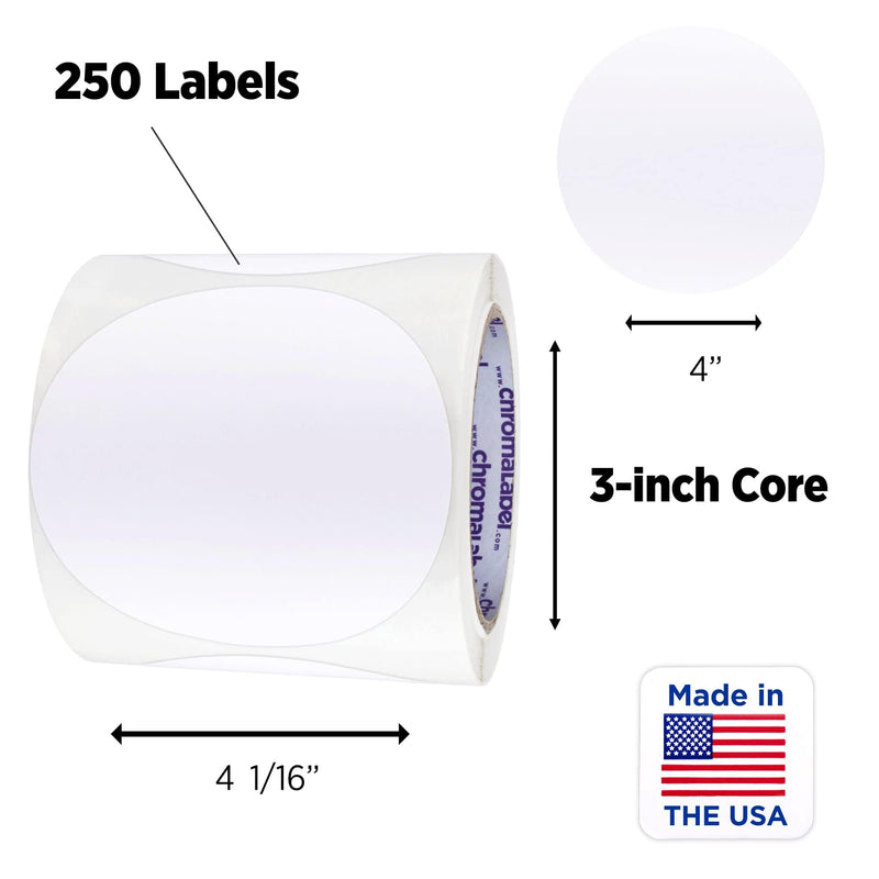 ChromaLabel 4 Inch Round Label Permanent Color Code Dot Stickers, Inventory Labels, 250 per Roll, White