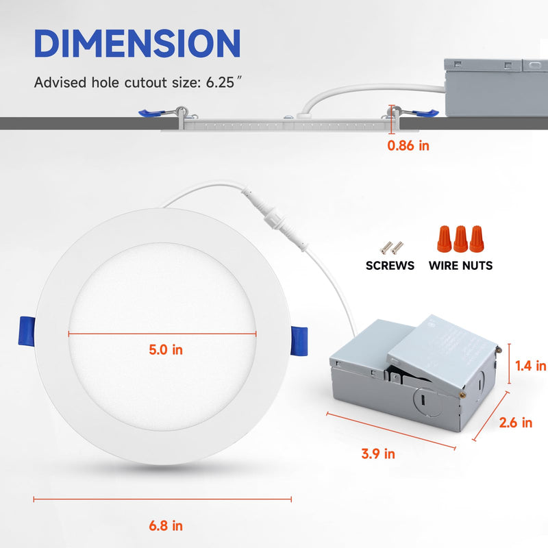 [Australia - AusPower] - ECOELER 6 Inch Slim Recessed Lighting with Junction Box, Dimmable Recessed Can Lights, 5000K Daylight, 12W 1100Lm Dimmable LED Downlight, ETL & Energy Star 1 - Pack 