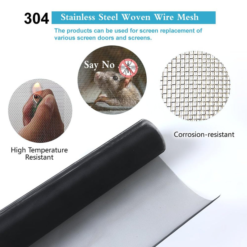 Black 304 Stainless Steel Mesh Screen 35"X118"(90X300cm), 1.5mm Hole Metal Net Sheet, Non-Corrosive and Non-Rusting Net Screen for Window, Door 1 Roll, Easy to Cut and Install (22 Mesh) Black 35"×118"(90×300cm)