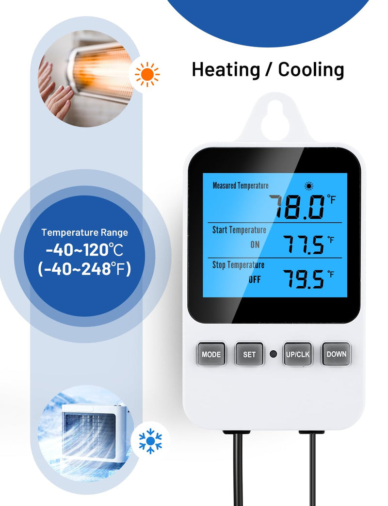 [Australia - AusPower] - INKBIRDPLUS Plug in Thermostat, Separate Thermostat Outlet for Heater with 8.8 Ft Power Cord, for Reptile Greenhouse Homebrew Aquarium Seedling Mat, Heating or Cooling Mode Thermometer Controller Screen-separated Design 