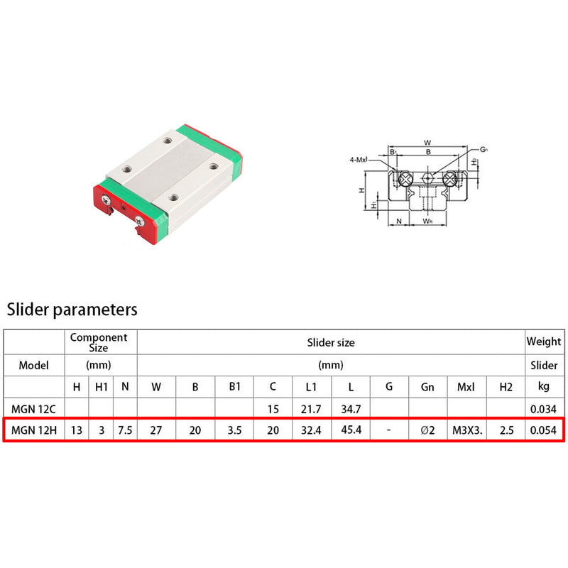 MGN12H 300mm Linear Slide Rail MGN12 for 3D Printer Rails and CNC Machine Rails Green MGN12H Rail + Carriage block