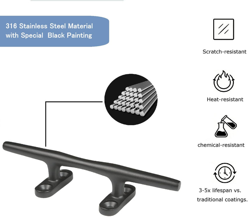 Thorn Boat Dock Cleat -4in 5in 6in 8in 316 Marine Grade Stainless Steel Open Base Design with Mounting Hardware | Heavy-Duty Mooring Cleat for Boats, Pontoons & Docks Black-5 in-2pcs