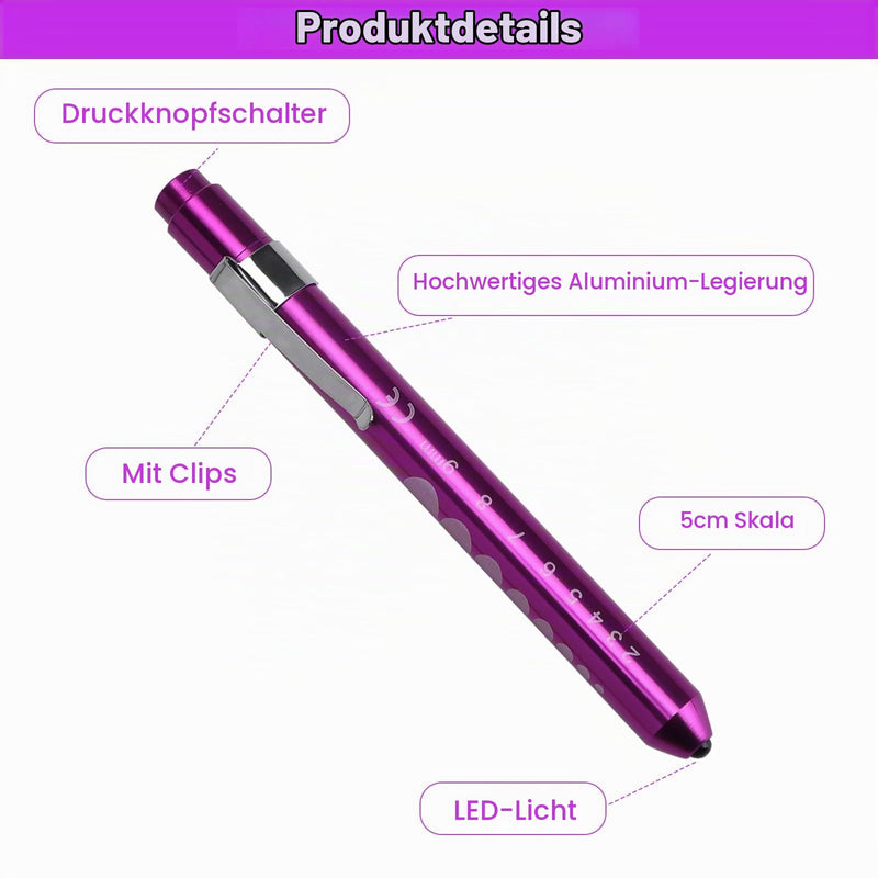HENGBIRD Pupil Light LED Pen Lamp Set of 3 in Purple, Pink, Silver Penlight Torch Diagnostic Light with Clip and Scale for Eye Examination Emergency Service Accessories Care Accessories