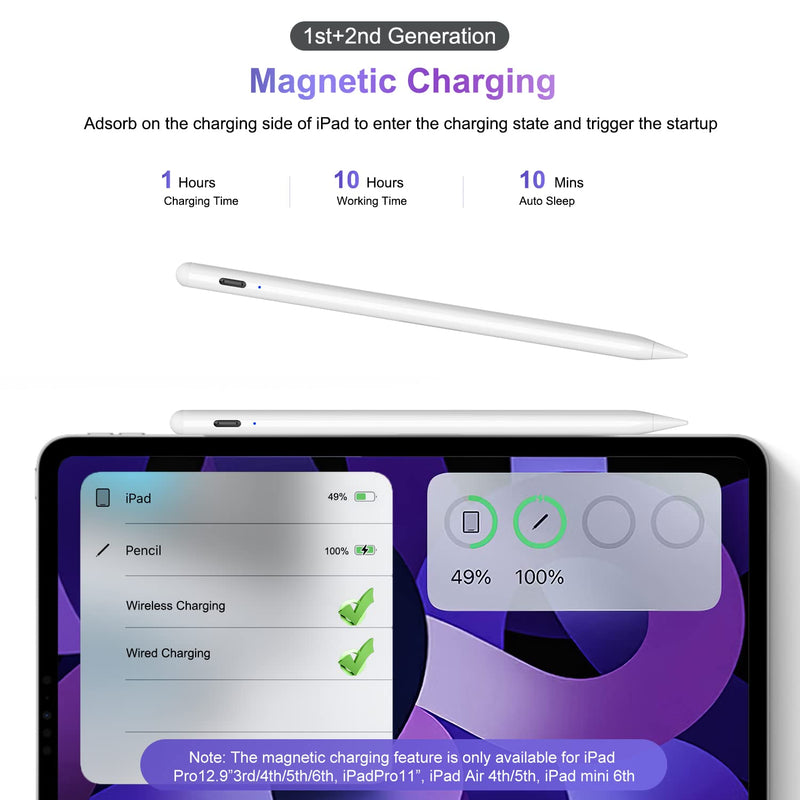 [Australia - AusPower] - Wireless Charging Pencil 2nd Generation, Pencil for iPad 2nd Generation Stylus Pen for iPad Pro with Palm Rejection Tilt Sensitivity, Pen for ipad Compatible with iPad/Mini/Air/Pro 11"&12.9",White White 