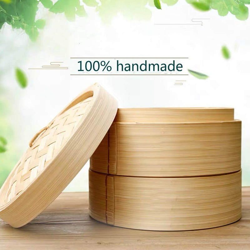 Handmade Steam Basket Bamboo Steamer 10 Inch, 2 Tiers Chinese Food Bamboo Steamers for Cooking, Steam Baskets Dumplings Vegetables Chicken Fish Rice, Reusable 2 Gauze Liners and Chopsticks