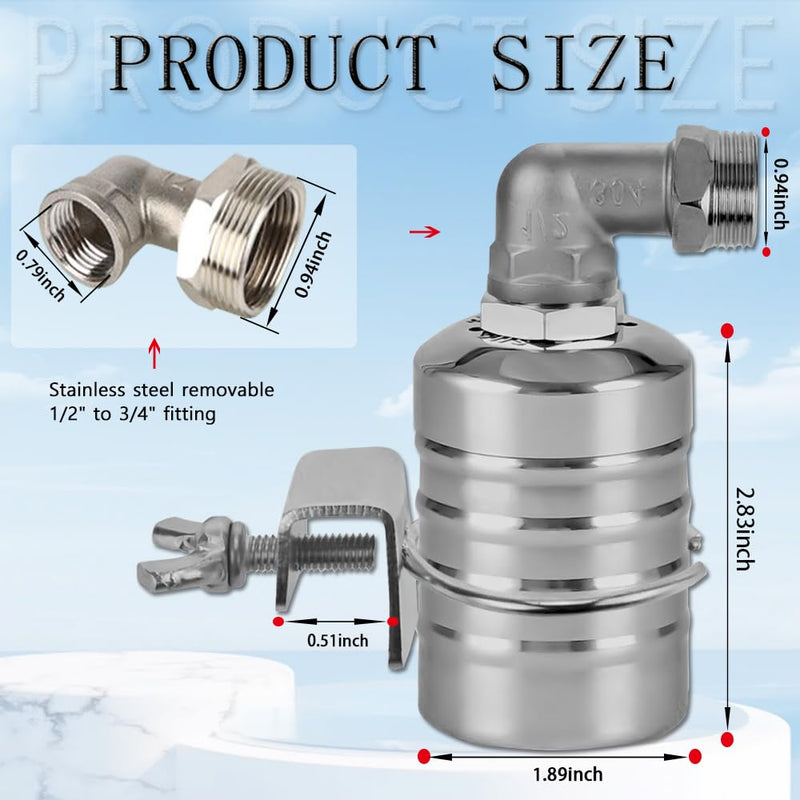[Australia - AusPower] - Float Valve,1/2" to 3/4'' Water Float Valve, 304 Stainless Steel Fully Automatic Water Level Control Float Valve, Automatic Water Level Controller for Water Tank, Pool, Water Tank, Livestock Troughs. 