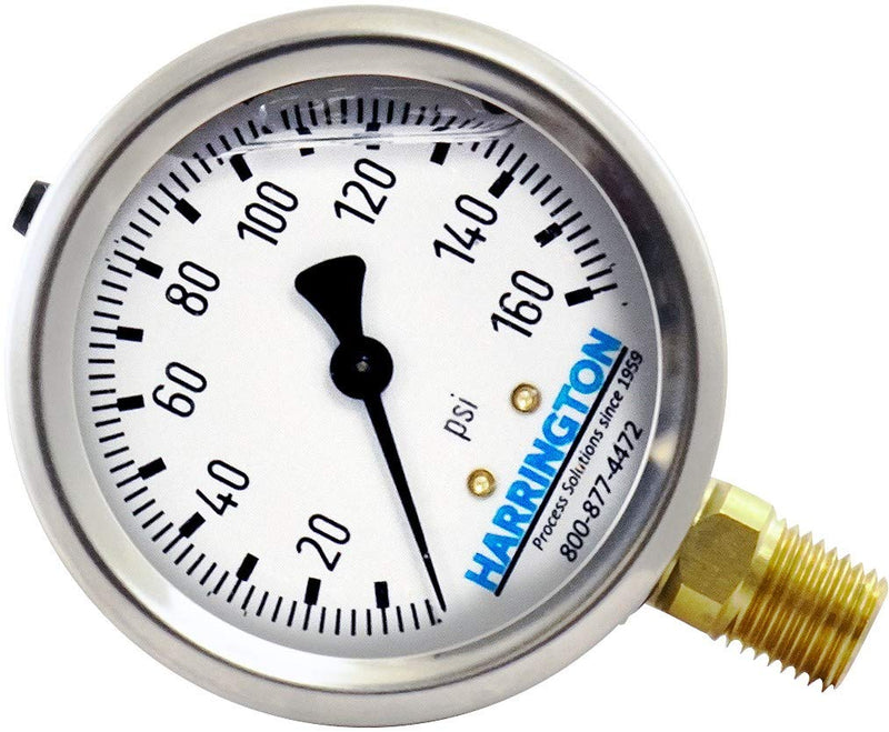 [Australia - AusPower] - Harrington 52894976 2-1/2" Liquid Filled Pressure Gauge 0/160 psi 304 Stainless Steel with Vented Fill Plug 1/4" NPT Bottom Mount Industrial Grade A +/- 2/1/2% Accuracy ASME B40.100 Model 213.53 