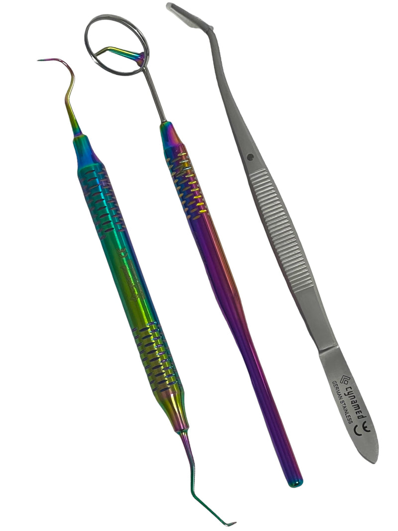 [Australia - AusPower] - ArTLaB-Premium German 3 Instruments Basic Dental Set- Mirror Explorer College Cotton Plier Hollow Handle -Dental Instruments set of 3 (Rainbow Titanium Set of 3) Rainbow Titanium Set of 3 