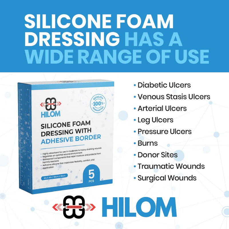 [Australia - AusPower] - Silicone Foam Dressing with Adhesive Border 4 in x 8 in (5 Pack) Waterproof Dressing, Latex Free for Moist to Heavily draining Wounds 4 in x 8 in (5 Pack) 