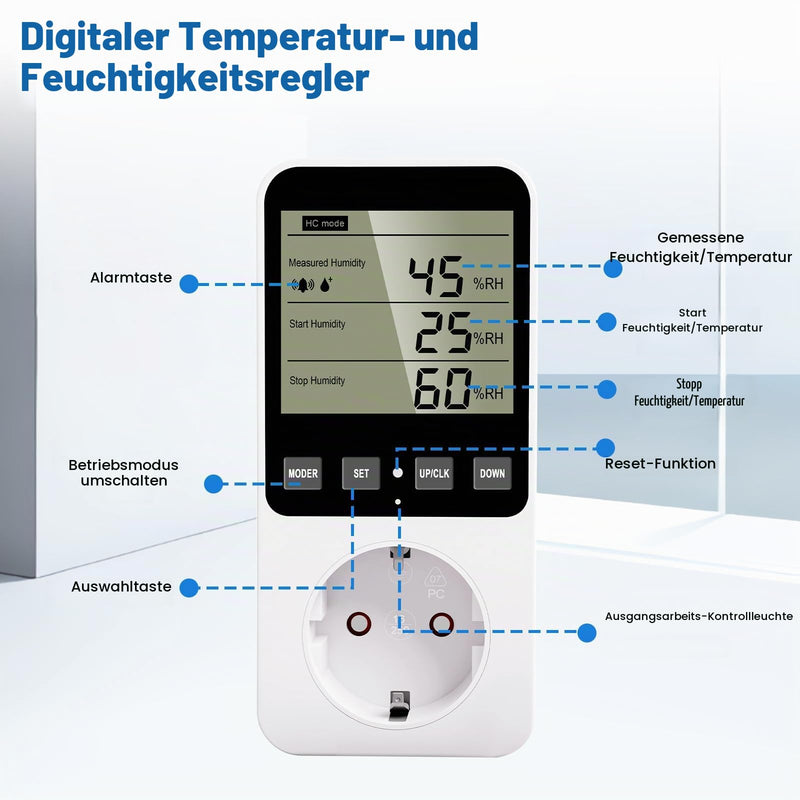 Temperature Controller Socket 230 V with Sensor Digital Hygrostat Humidity Regulator with Alarm for Humidifier Dehumidifier Terrarium