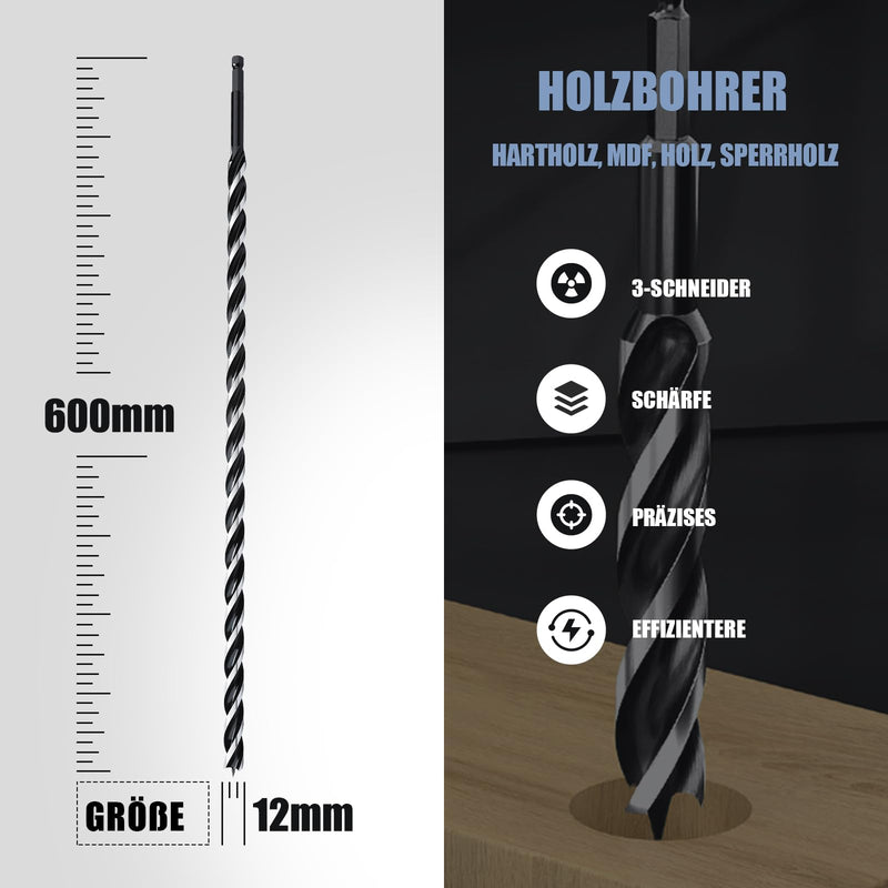 [Australia - AusPower] - 12 x 600 mm Wood Auger Drill Bit for Softwood, Hardwood with Centre Point and E 9.5 Shank 12x600mm 