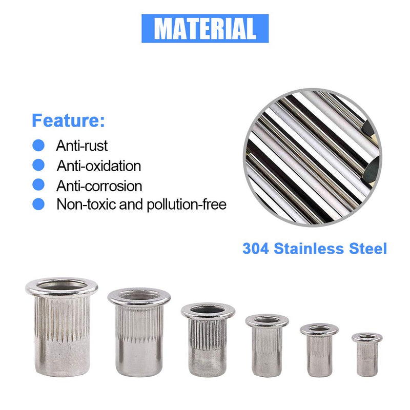 Glarks 126Pcs 304 Stainless Steel M3 M4 M5 M6 M8 M10 Flat Head Threaded Rivetnut Insert Nutsert Rivet Nut Assortment Kit