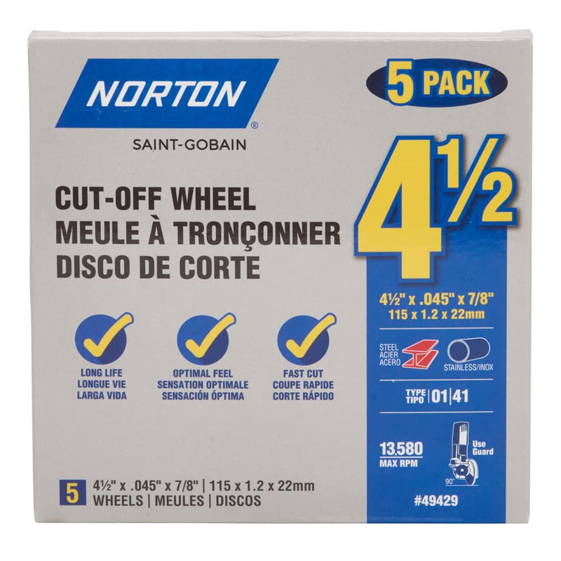 Norton 4-1/2-Inch Cut Off Wheels for Metal, Premium Abrasive Discs for Angle Grinder, 5 Pack